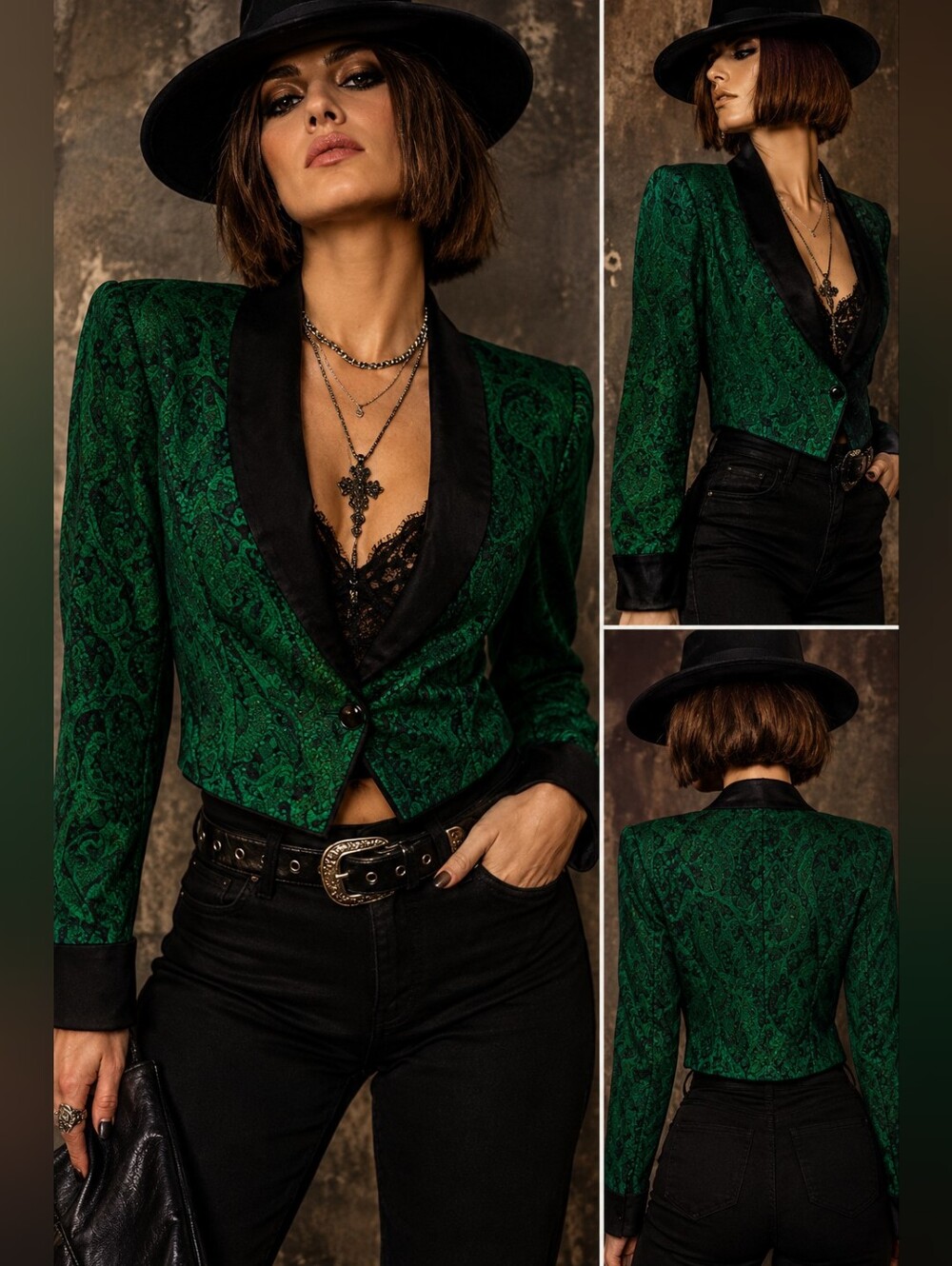 Vintage 90s Francine Browner Emerald Paisley Jacquard Tuxedo Jacket